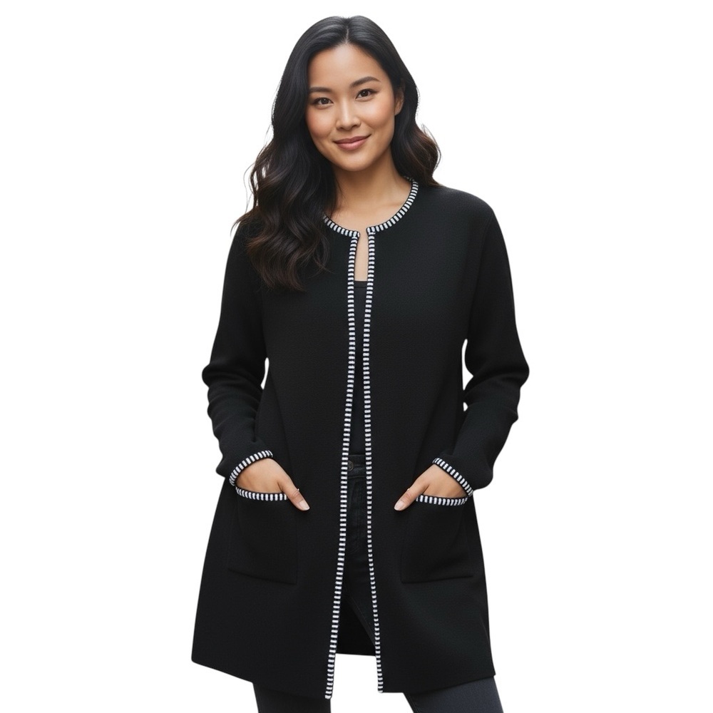 Classic Chic Business Casual Black Duster Cardigan with White Trim Size 2X